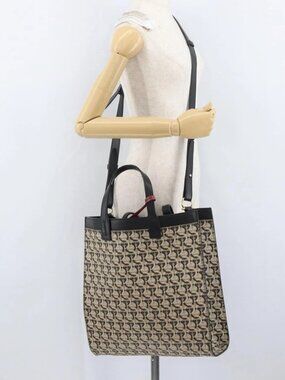 Salvatore Ferragamo Gancini Hand Bag PVC 2way Beige Gold Auth 169765